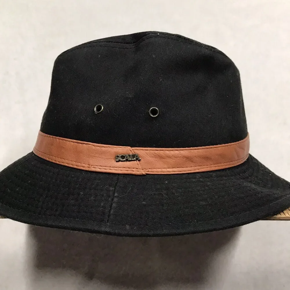 SCALA Classico Cotton Fedora Hat Men M Black Filmcore Leather Band Borsalino